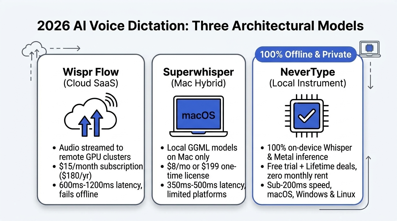 Wispr Flow vs. Superwhisper vs. NeverType: The Definitive 2026 Local AI Comparison
